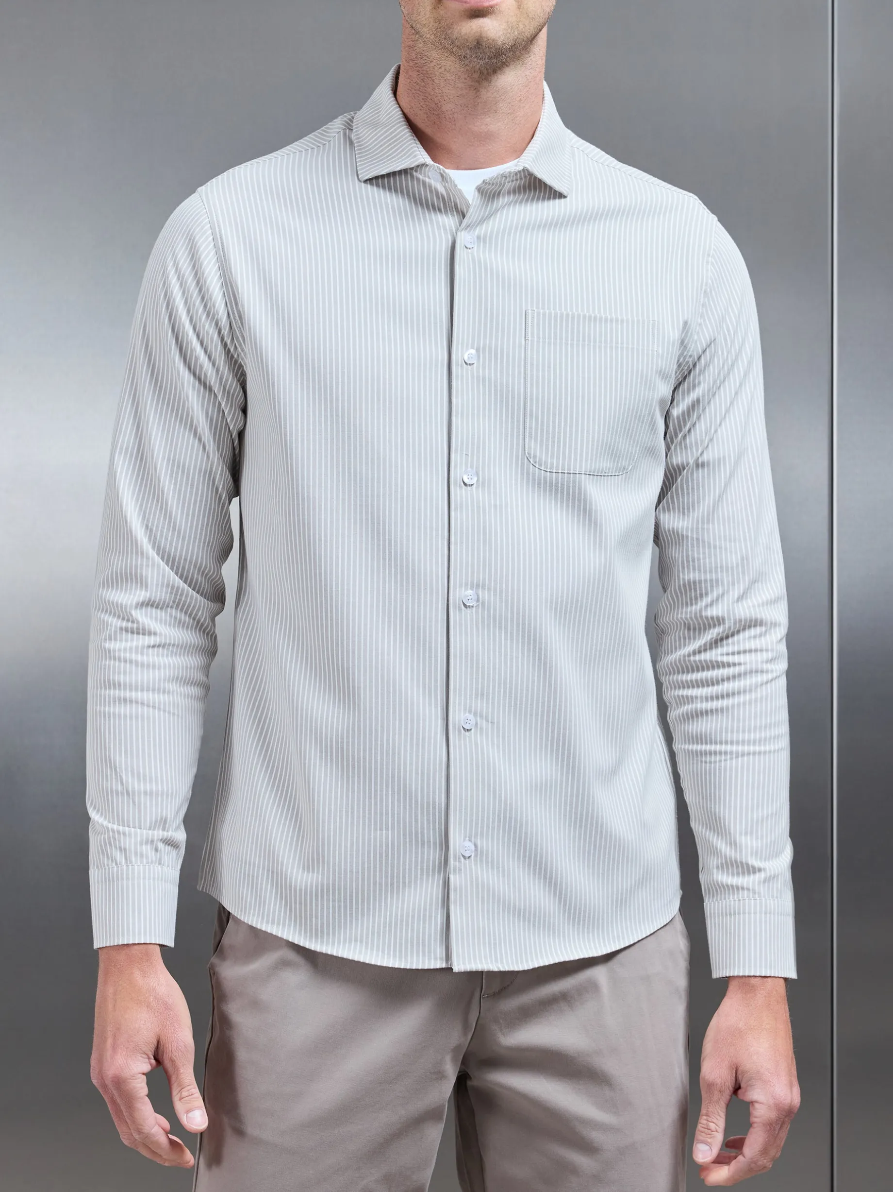 Stripe Long Sleeve Cutaway Collar Shirt - Stone