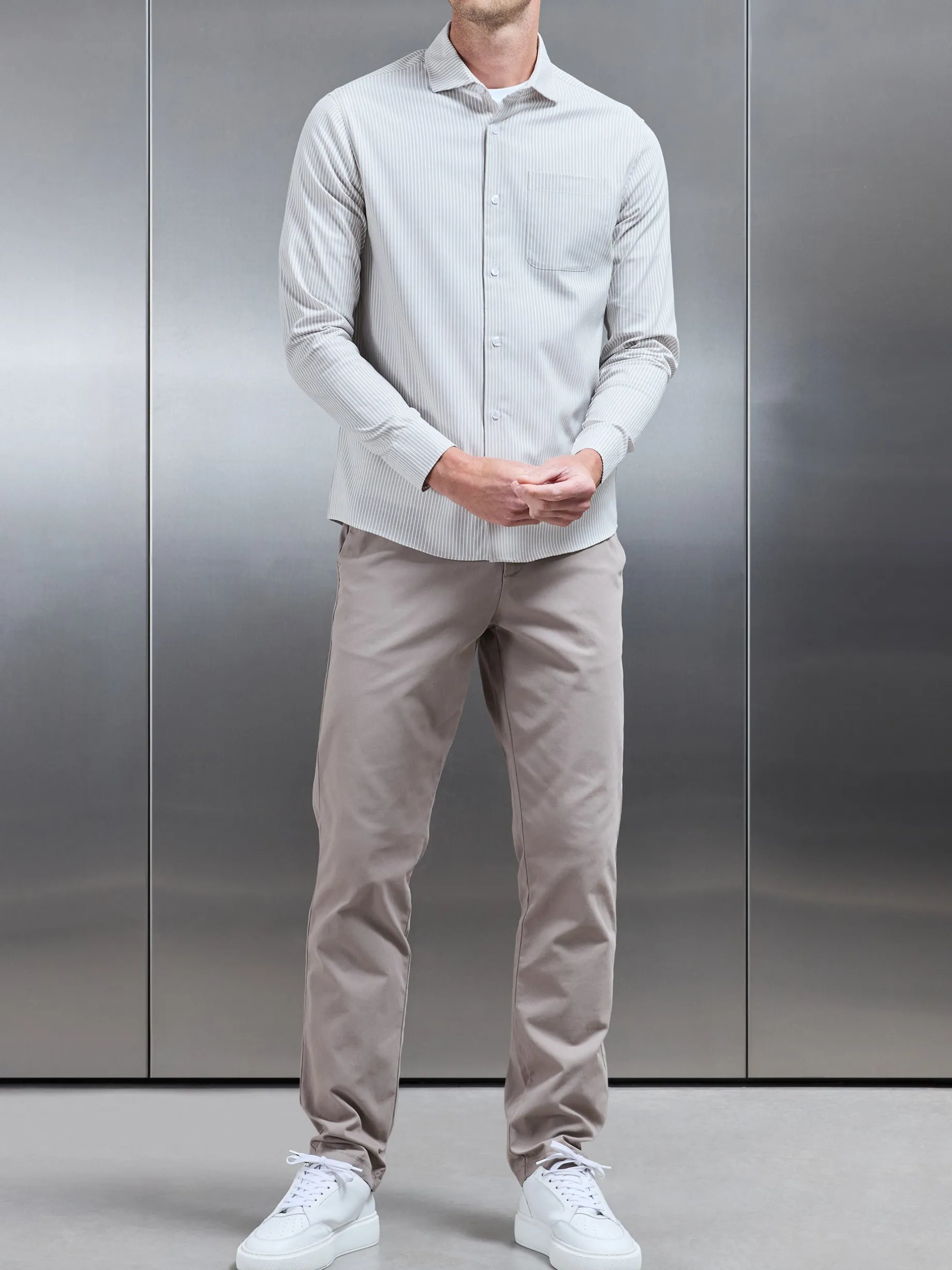 Stripe Long Sleeve Cutaway Collar Shirt - Stone