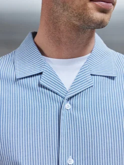 Stripe Short Sleeve Revere Collar Shirt - Blue