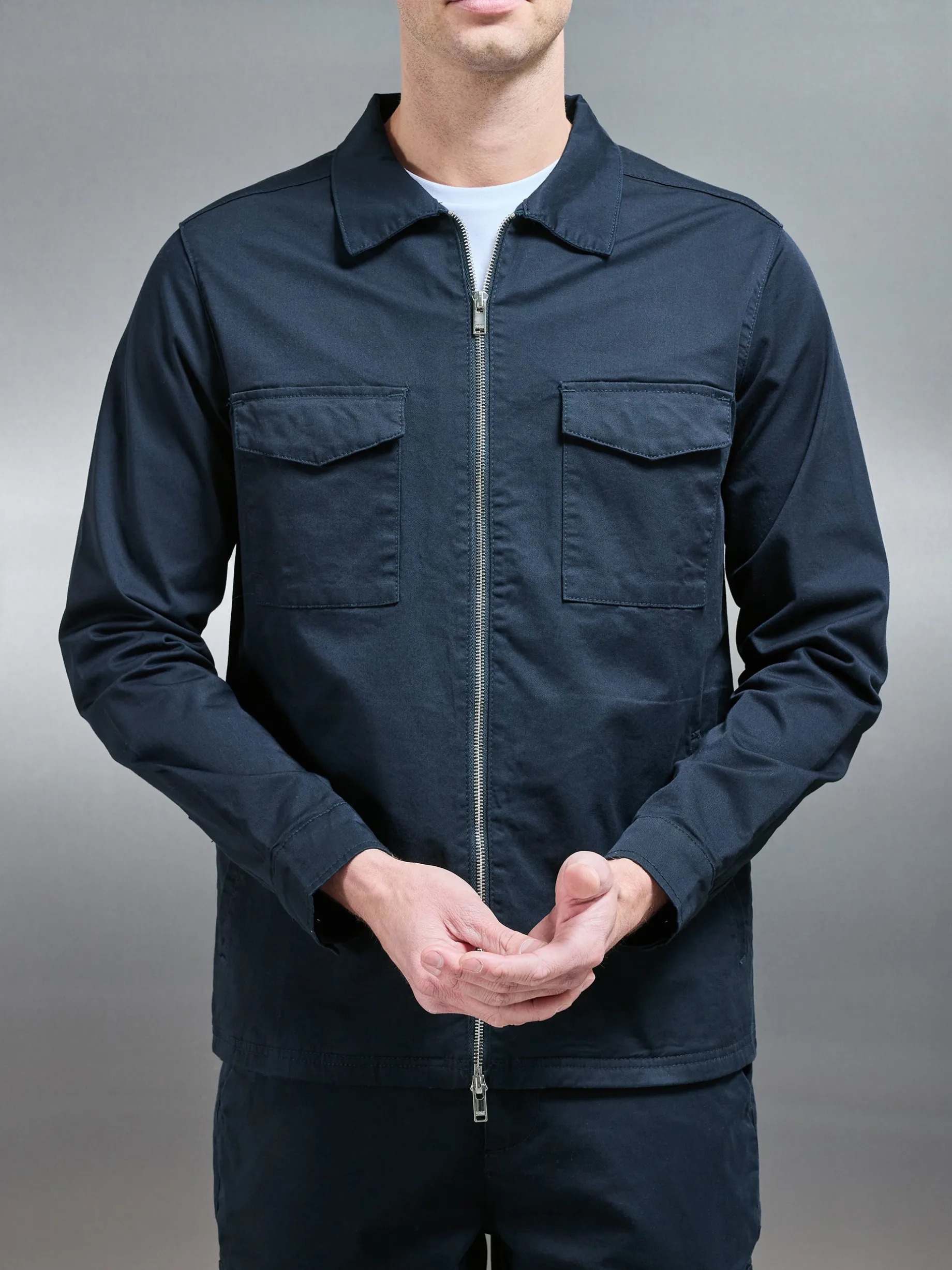 Tailored Cotton Cargo Jacket - Navy