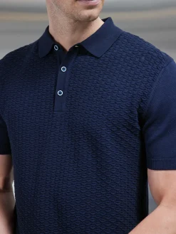 Textured Egyptian Cotton Polo Shirt - Navy