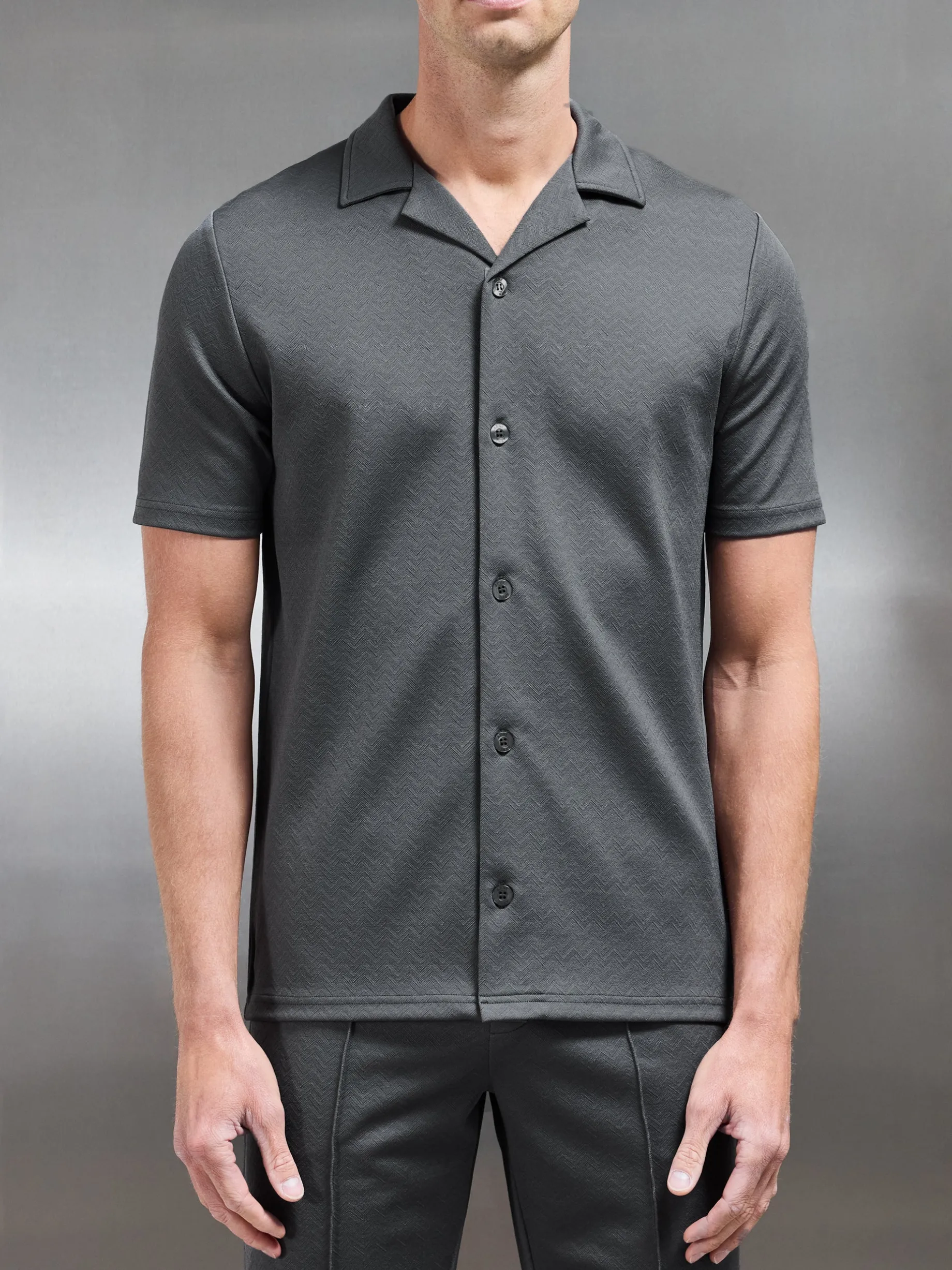 Textured Interlock Revere Collar Shirt - Grey