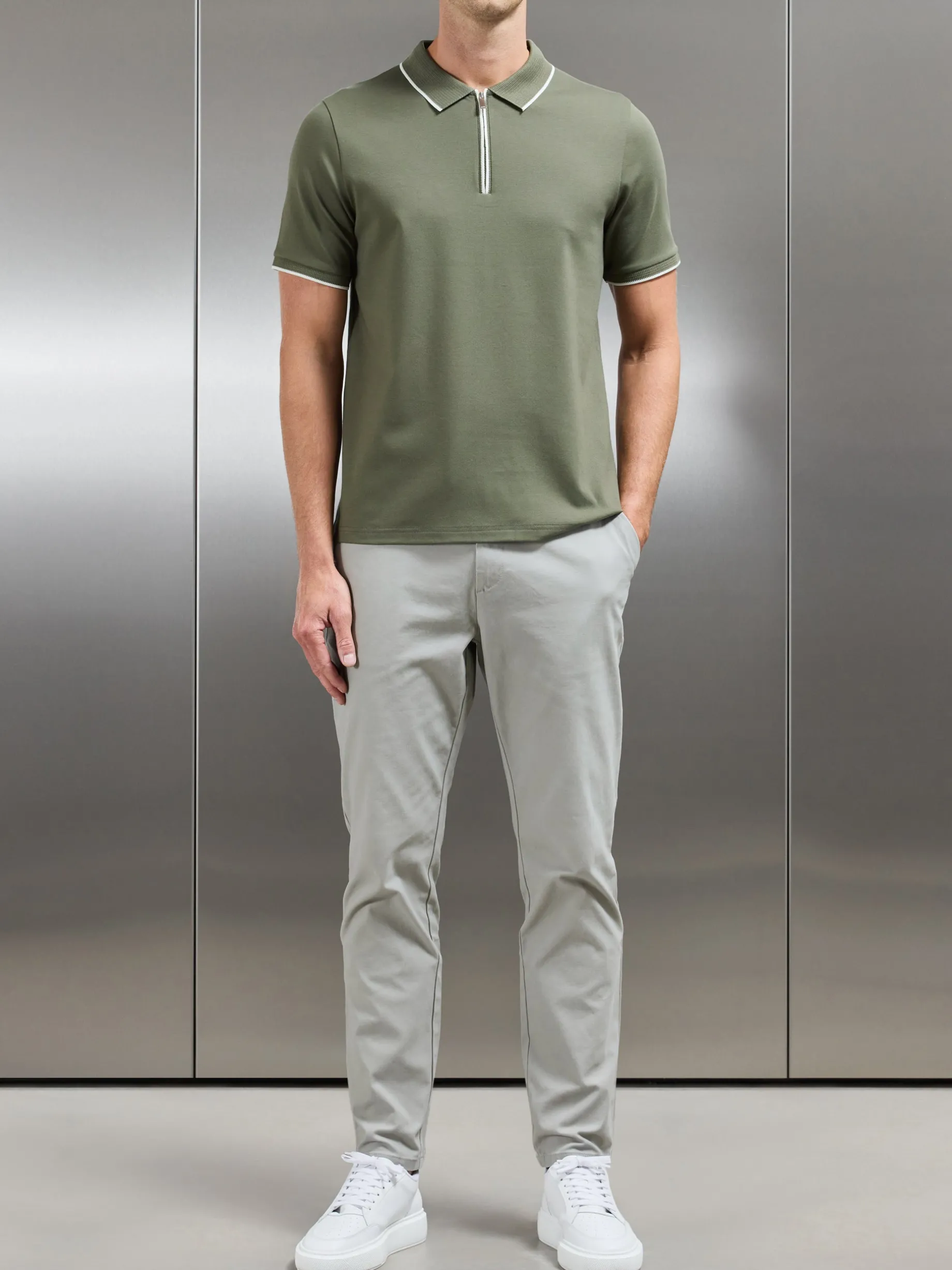 Tipped Mercerised Interlock Zip Polo Shirt - Sage