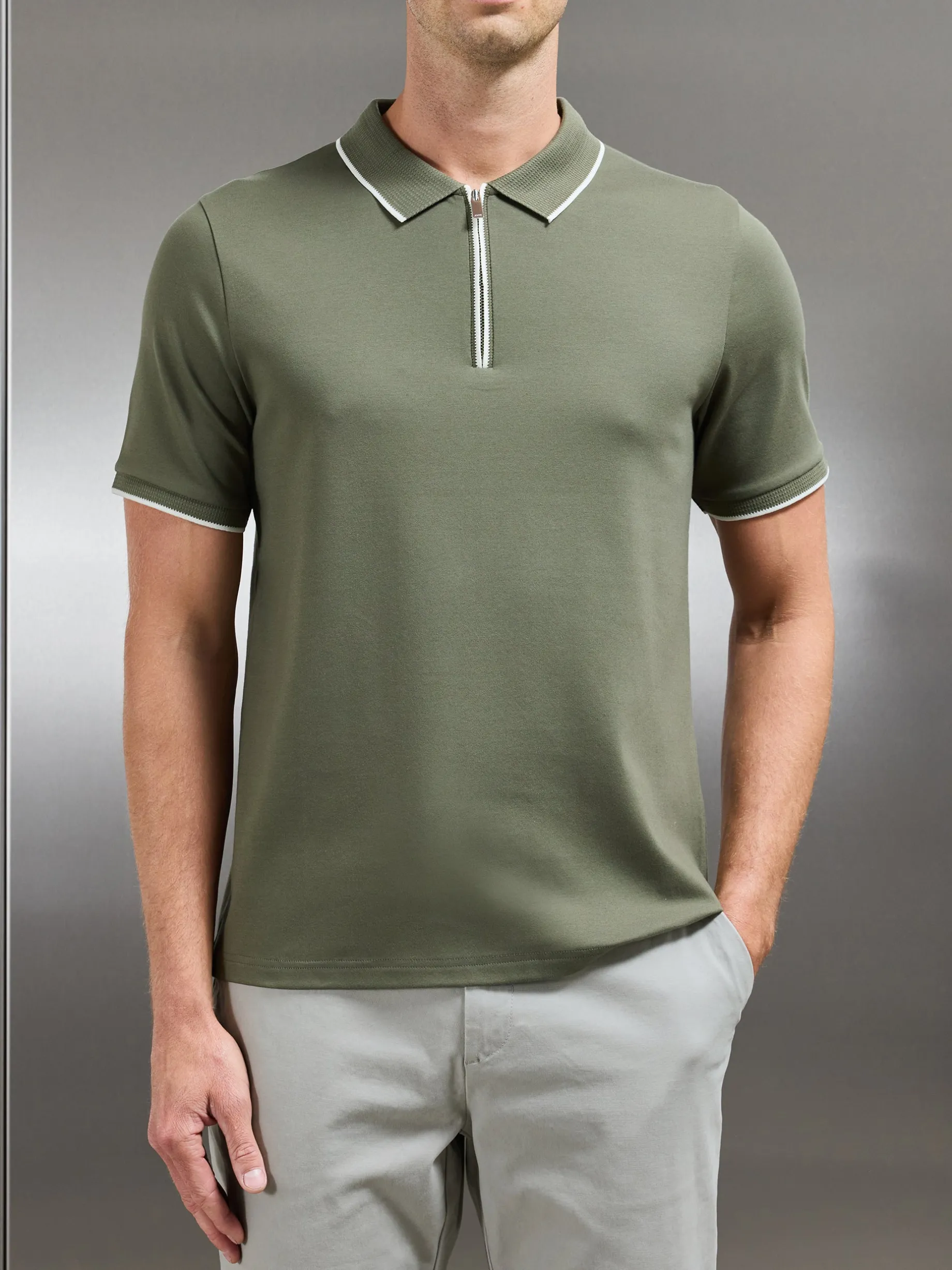 Tipped Mercerised Interlock Zip Polo Shirt - Sage