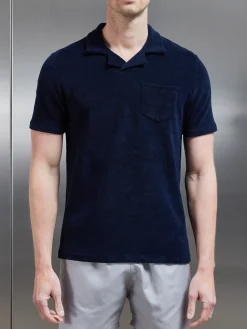 Towelling Revere Collar Polo Shirt - Navy