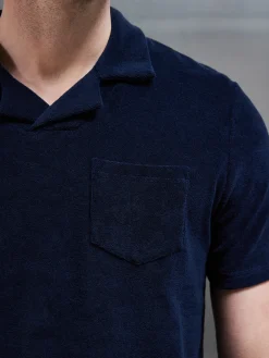 Towelling Revere Collar Polo Shirt - Navy
