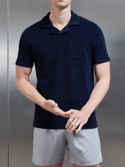 Towelling Revere Collar Polo Shirt - Navy