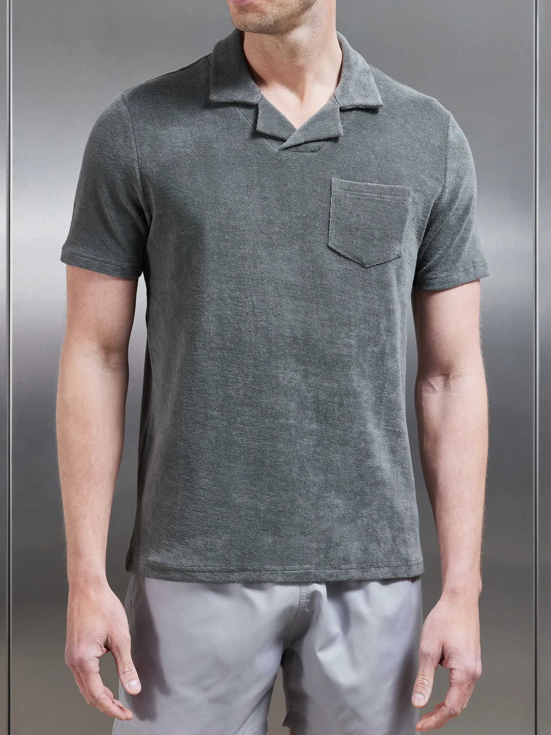 Towelling Revere Collar Polo Shirt - Sage