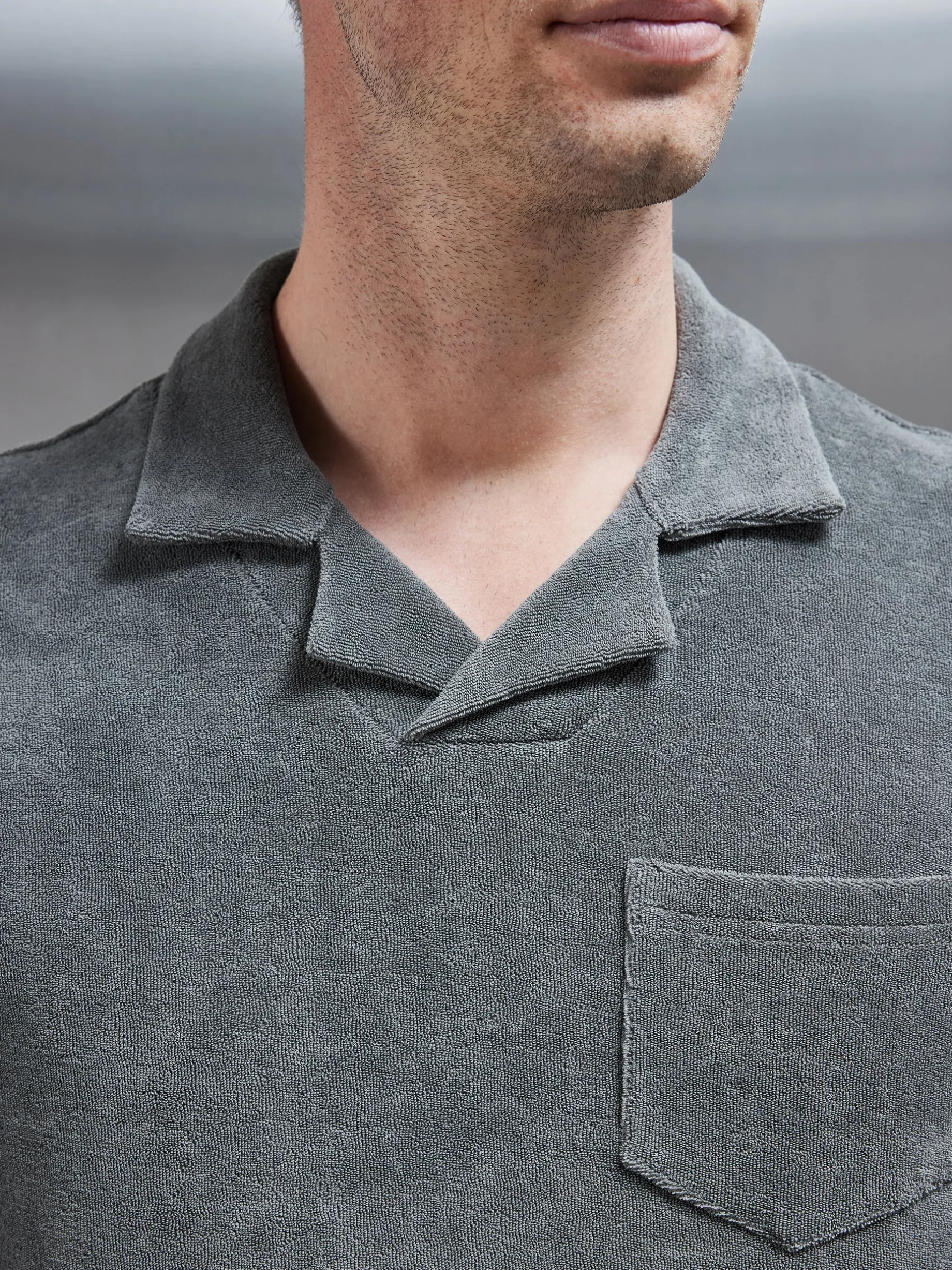 Towelling Revere Collar Polo Shirt - Sage