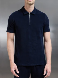 Towelling Zip Polo Shirt - Navy