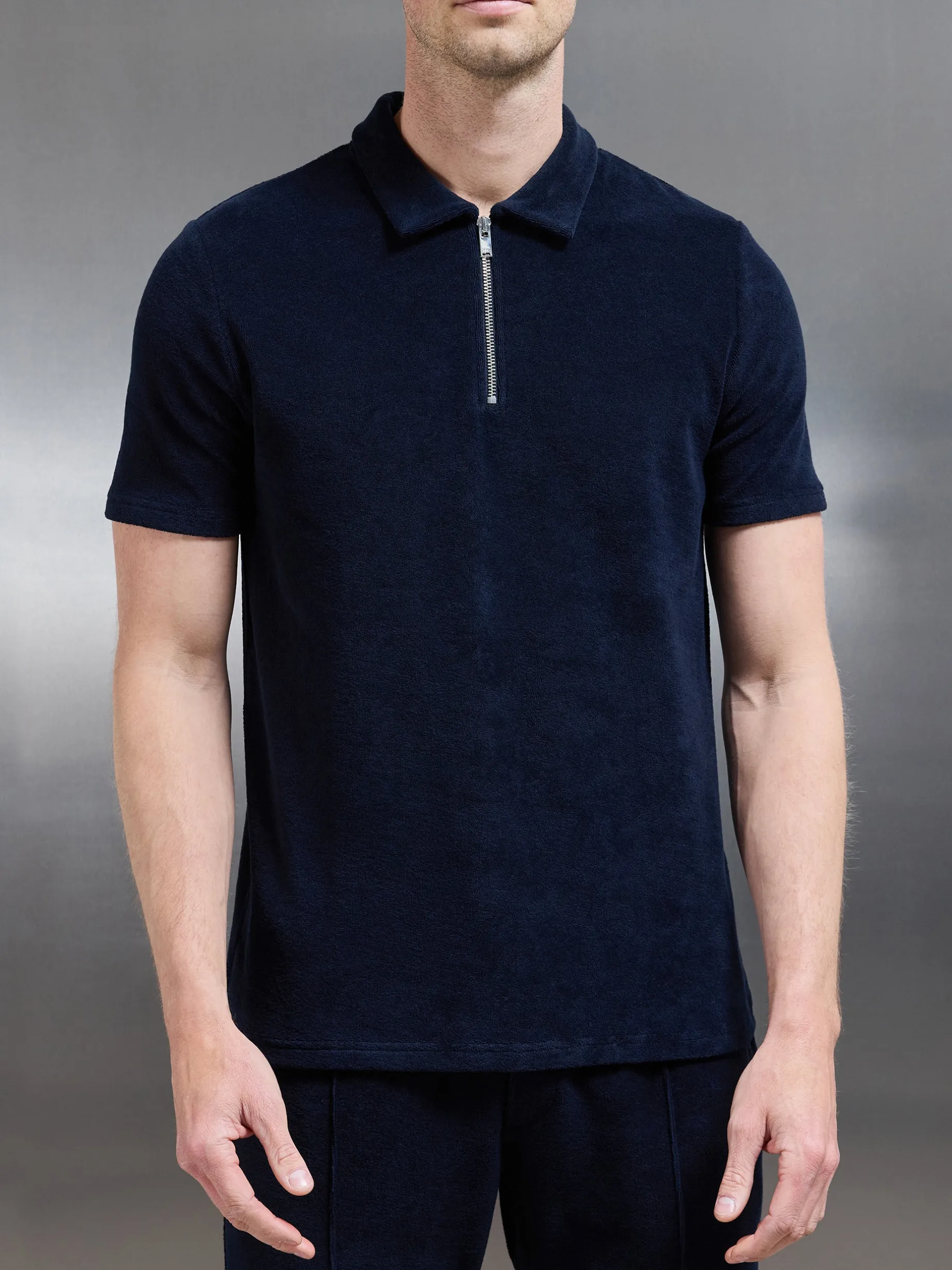 Towelling Zip Polo Shirt - Navy
