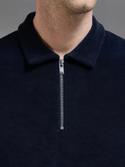 Towelling Zip Polo Shirt - Navy