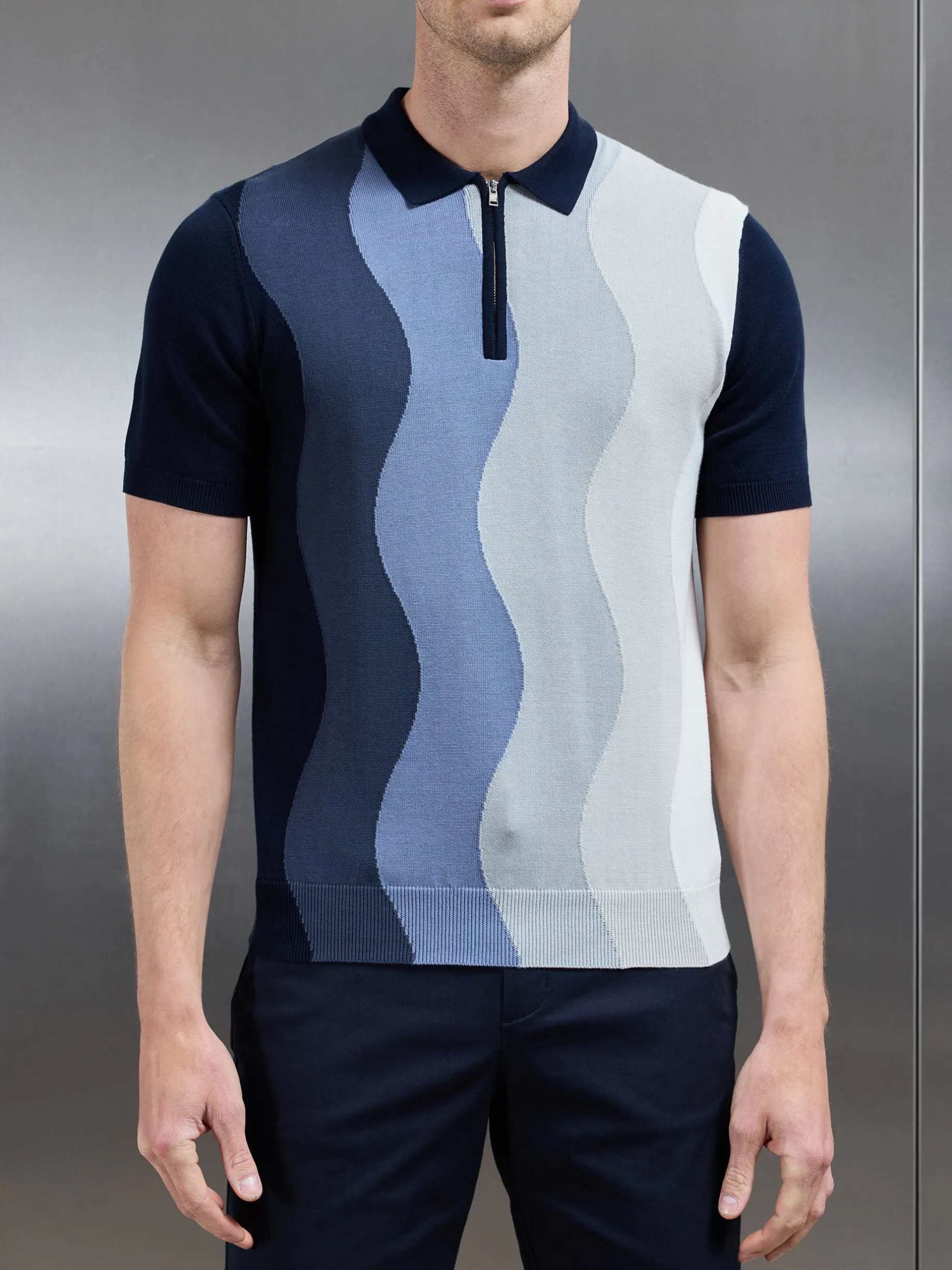Wave Knitted Zip Polo Shirt - Navy