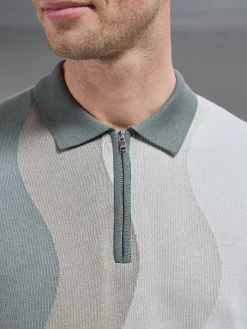 Wave Knitted Zip Polo Shirt - Sage