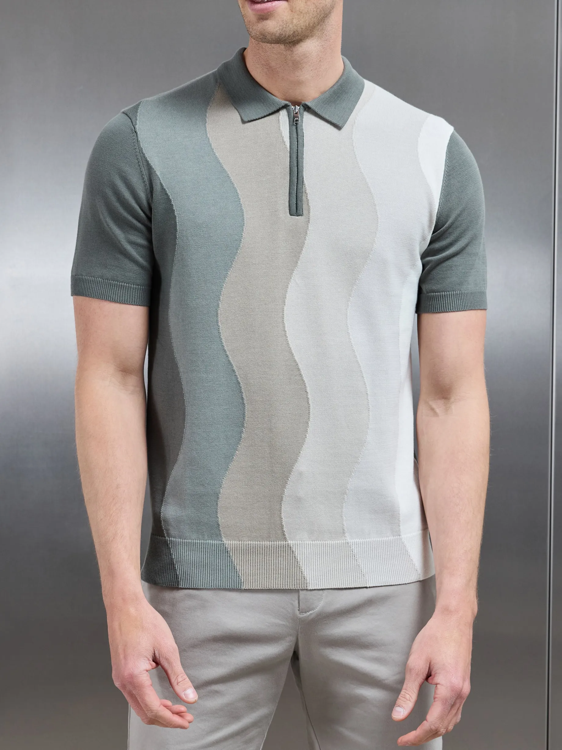 Wave Knitted Zip Polo Shirt - Sage