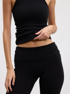 Womens Brushed Cotton Jersey Fold Over Flared Legging - Black