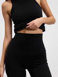 Womens Brushed Cotton Jersey Fold Over Flared Legging - Black