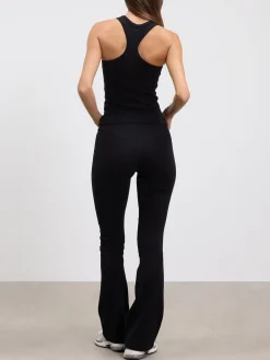 Womens Brushed Cotton Jersey Fold Over Flared Legging - Black