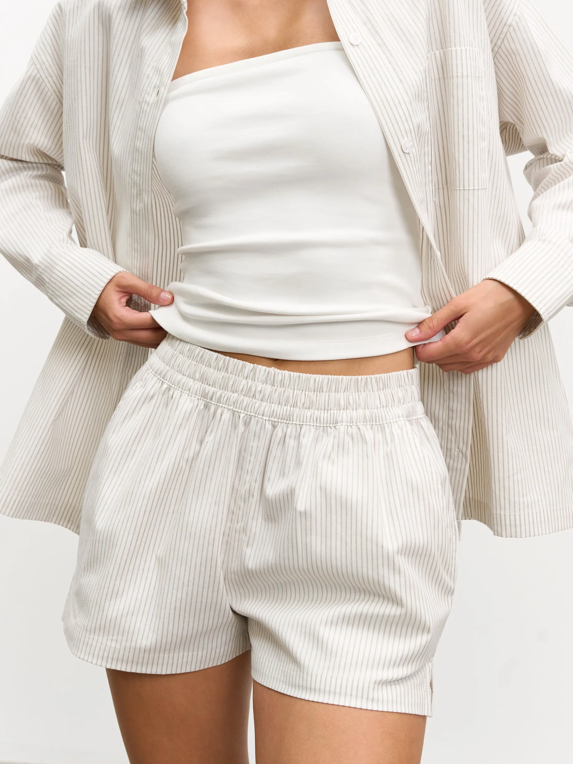 Womens Pull On Stripe Cotton Short - Stone