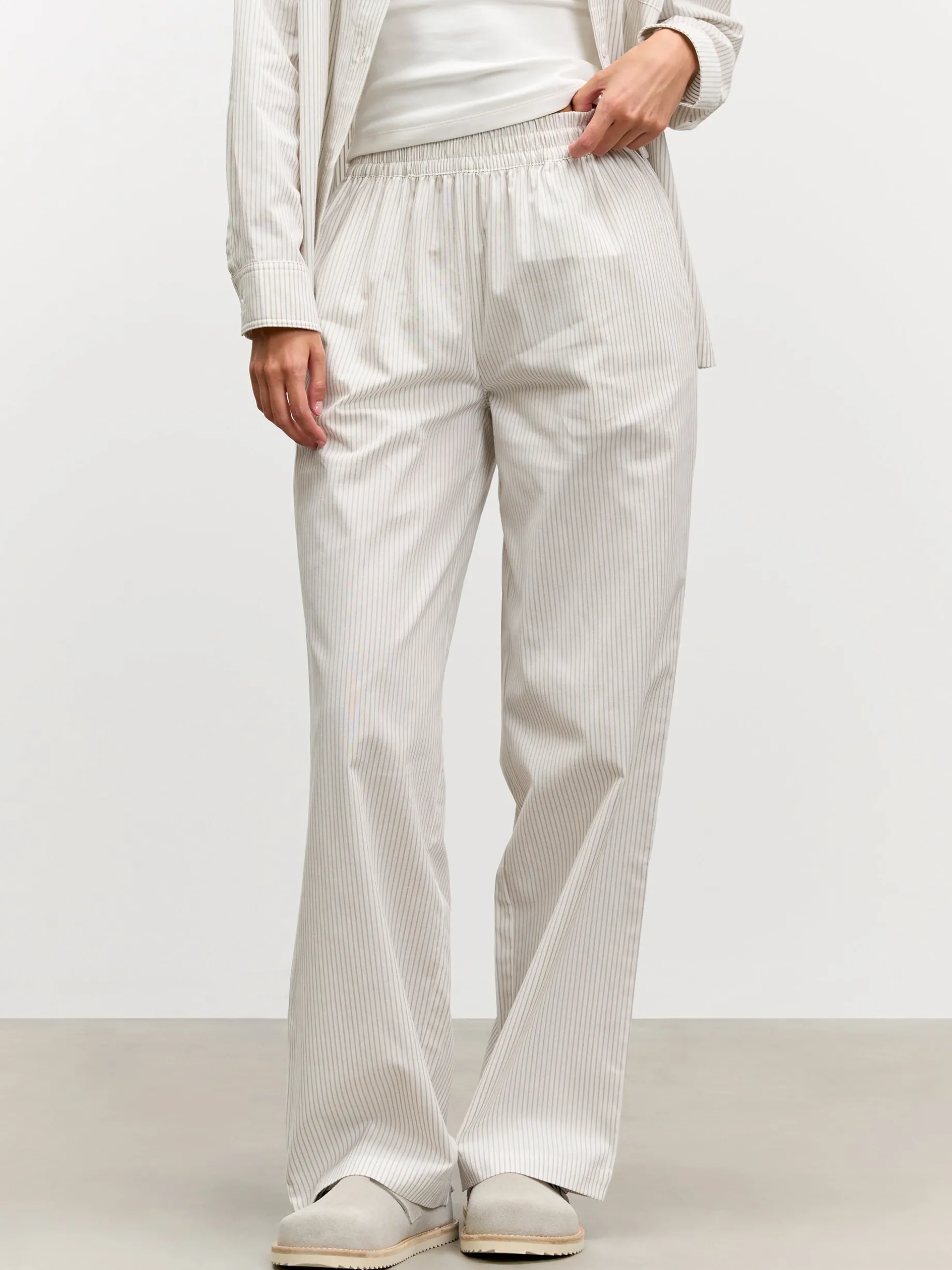 Womens Pull On Stripe Cotton Trouser - Stone