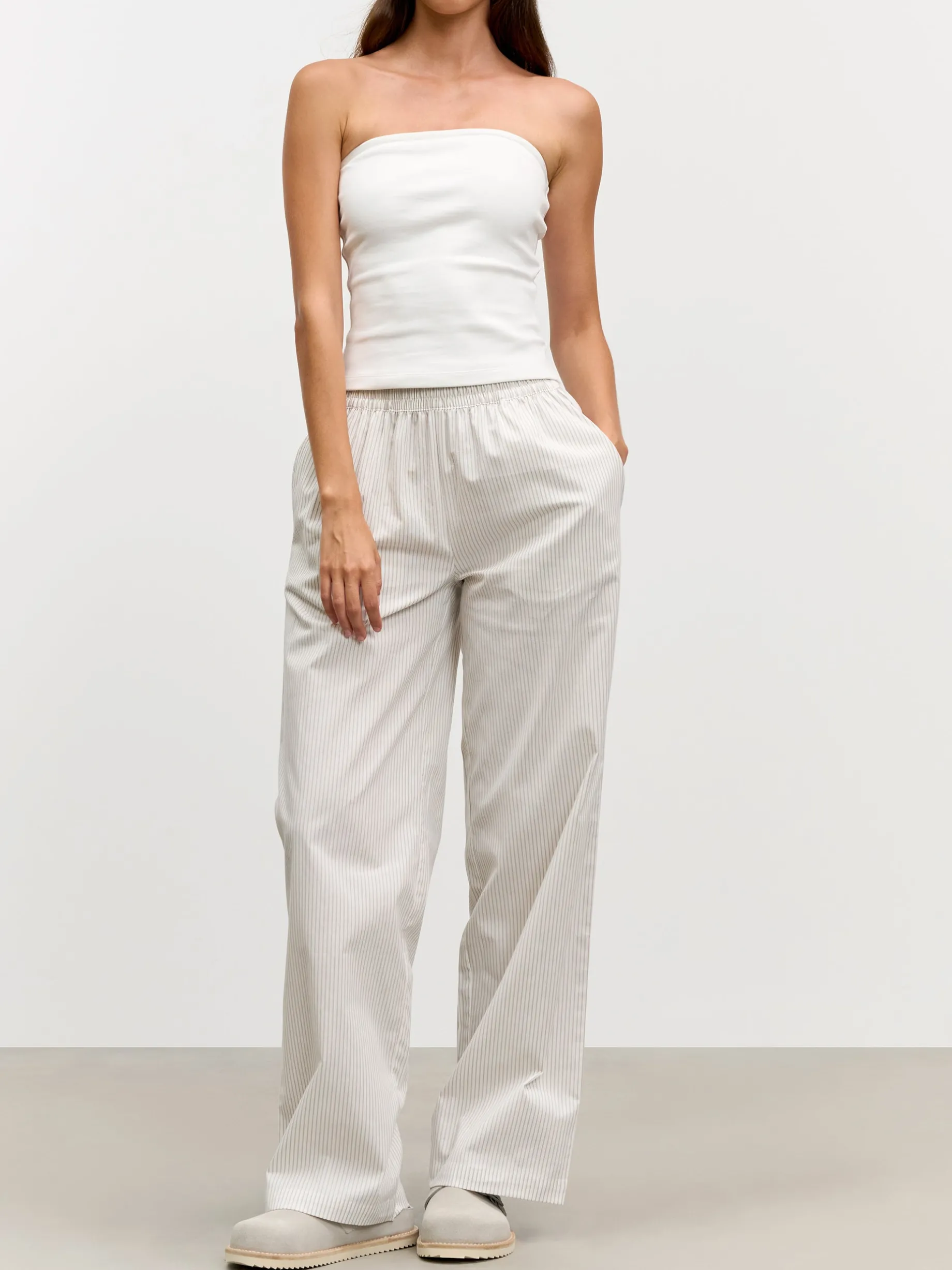 Womens Pull On Stripe Cotton Trouser - Stone