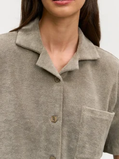 Womens Towelling Revere Collar Shirt - Taupe