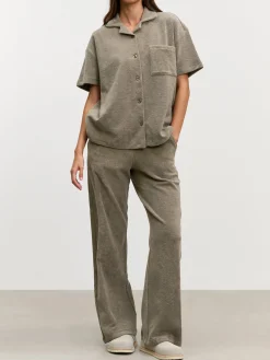 Womens Towelling Revere Collar Shirt - Taupe
